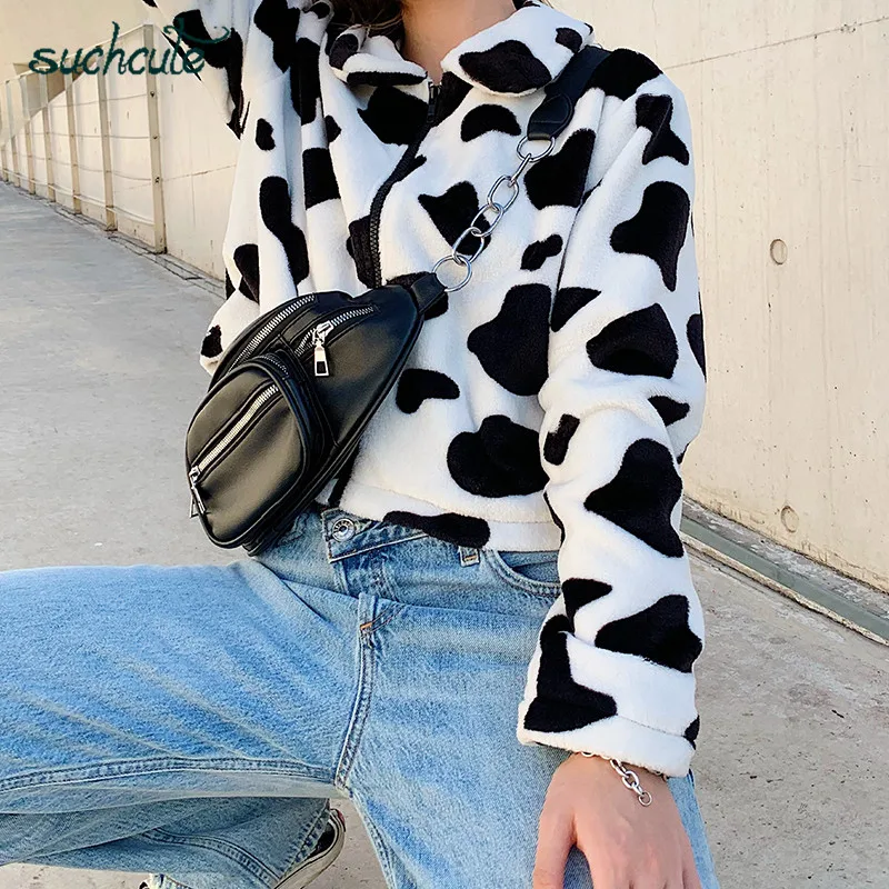 incredible  SUCHCUTE Fur Coats For Women Cow Print Teddy Jacket Modis Longslive Zipper Casual Warm Autumn Winte