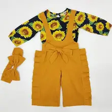 Футболка с подсолнухом для новорожденных девочек от 0 до 24 месяцев, топы с оборками, широкие брюки с подтяжками, комбинезоны, повязка на голову, 3 предмета, одежда для малышей