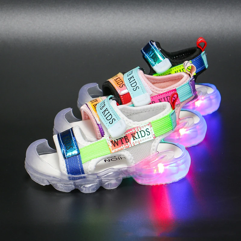 Summer Boy Toddler Sandals Letters Colorful Led Light Shoes Baby Girl Shoes Wear-resistant Kids Fashion Luminous Sandals extra wide fit children's shoes