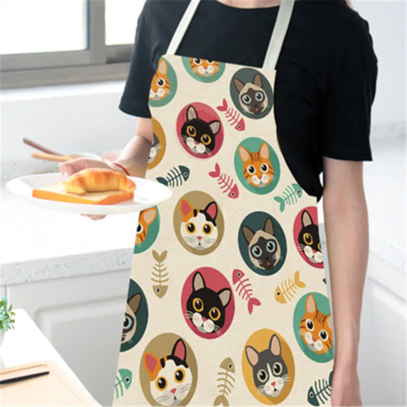 Cute Cats Printed Kitchen Aprons for Women Sleeveless Cotton Bib Household Cleaning Apron Waterproof Chefs Cooking Baking Apron