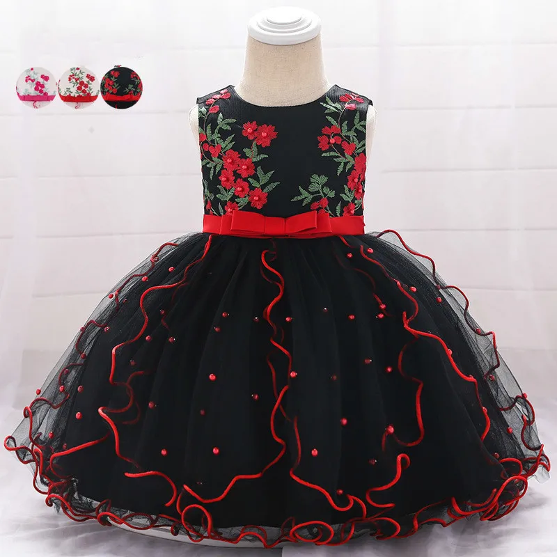 

Baby Princess Dress Baby Toddler Thick And Disorderly Skirt Embroidery Flower Black Gauze Baby Full Dress Cotton Kids