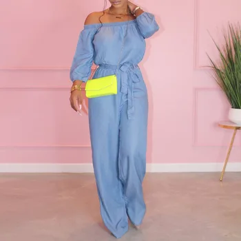 

Summer Off Shoulder Casual Long Jumpsuit Romper 2020 Loose Beach Holiday Streetwear Women Belted Wide Leg High Waisted Jumpsuits