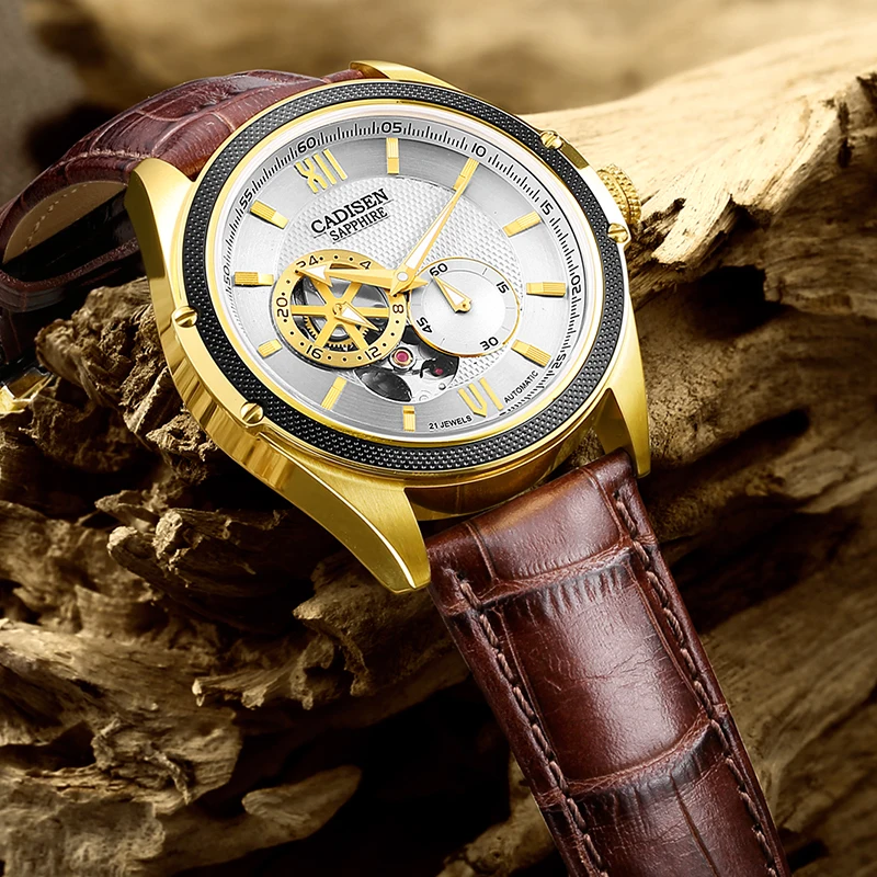 CADISEN Скелет Tourbillon механические часы для мужчин MIYOTA 82S7 Автоматические классические золотые кожаные сапфировые наручные часы Reloj Hombre