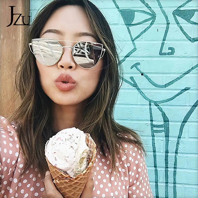 JZU, кошачий глаз, брендовые солнцезащитные очки, женские, дизайнерские, зеркальные, плоские, розовое золото, винтажные, металлические, отражающие, солнцезащитные очки для женщин, Oculos Gafas