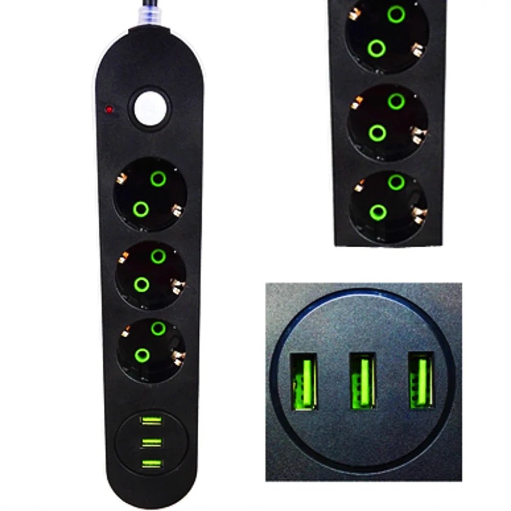 Штепсельная Вилка европейского стандарта 3 розетки порта USB мульти кабель