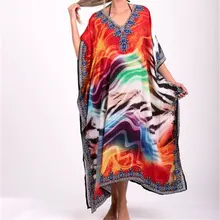Красное богемное Красочное платье с v-образным вырезом и рукавами-крылышками, свободное летнее пляжное платье, хлопковая туника, женская пляжная одежда, марокканский кафтан N841