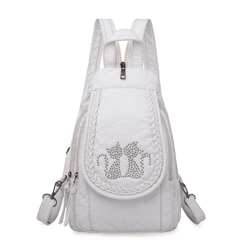 White-Diamond kitten New Ladies Soft Washed Leather Backpack 3-in-1 Cute Cat Women Bagpack Small Travel Backpack For Girls Sac a dos Mochila Feminina - Цвет: White-Diamond kitten