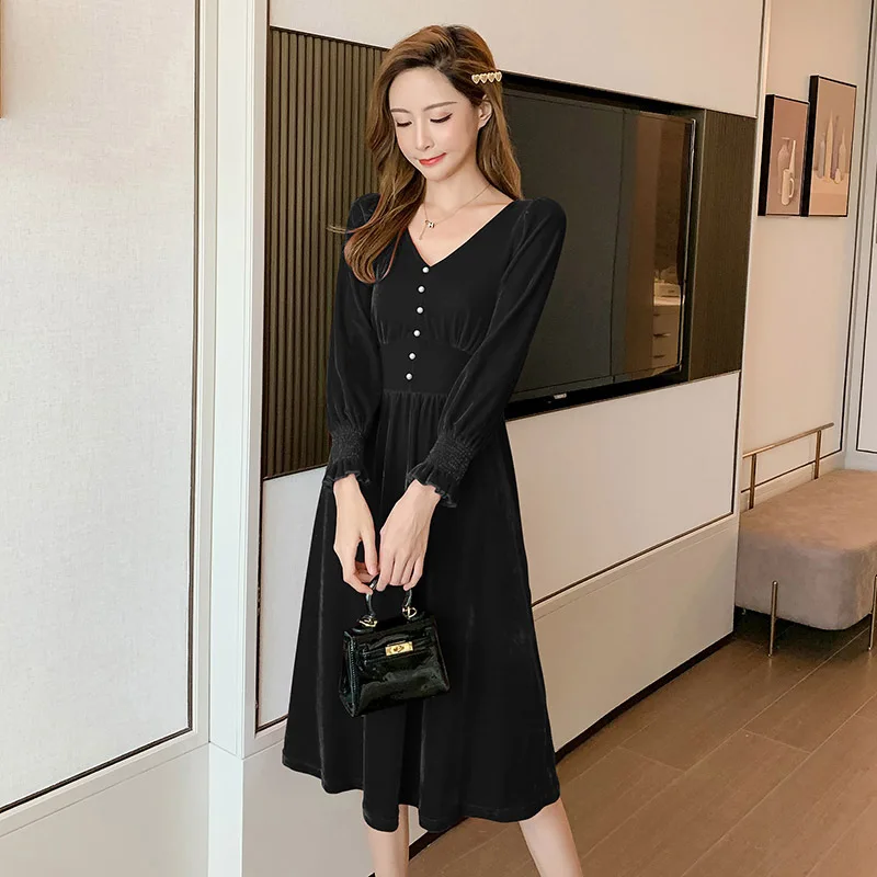 

Europe And America Hepburn Wind Gold Velvet Long-sleeved Dress Slimming French Vintage Wine Red Waist Hugging Medium-length Dres