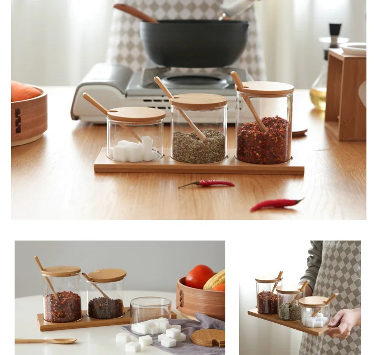 Japanese Style Glass Bamboo Cover Kitchen Seasoning Containers Seasoning Box Moisture-Proof Sugar Salt Tank Condiment Bottle Set