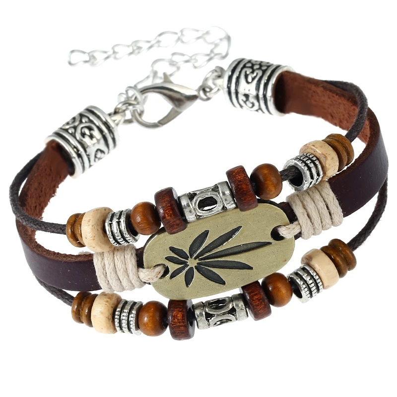 

2019 Punk Handmade New Retro Beaded Maple Leaf Leather Bracelet Charm Bracelets for Women Fashion Jewelry Accessories Gift