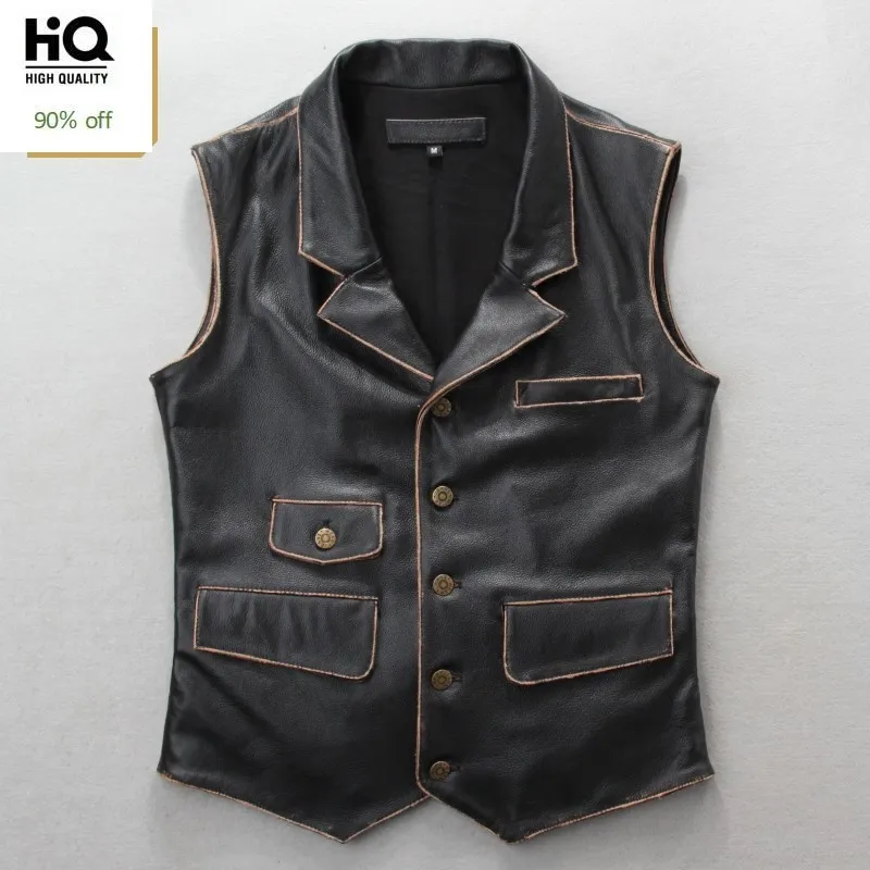 

2020 New Winter Mens Genuine Leather Vest Fashion Solid Sleeveless Vest Mens Single Breasted Pocket Slim Fit Vest Coat M-3XL
