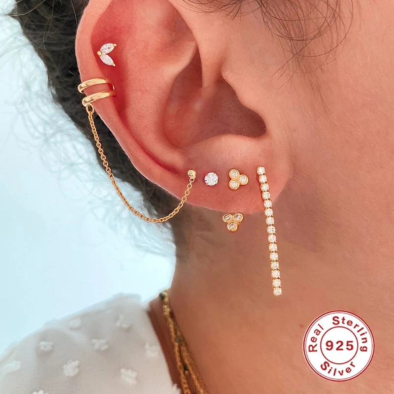 

GS 925 Sterling Silver Clear Zircon Line Tassel Stud Earrings Piercing Pendiente Earring Rock Punk Wedding Jewelry For Women