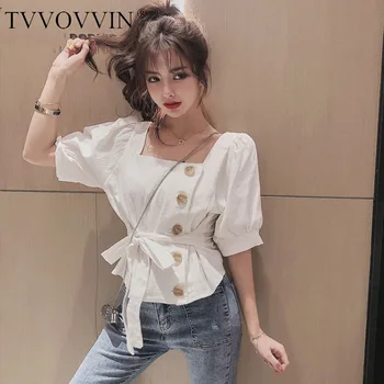 

TVVOVVIN 2020 Summer New Blouse Solid Single-breasted Lantern Sleeve Square Collar Bow Casual Patchwork Loose Short A345