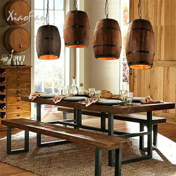 

American Retro Wooden Barrel Pendant Lights Creative E27 Bar Dning Room Lighting Pendant lamps Kitchen Cafe Decorative Lights