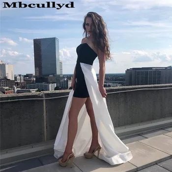 

Mbcullyd Sweetheart Black Prom Dresses Short 2020 With Long Detachable White Train Evening Party Gowns Modest vestidos de fiesta