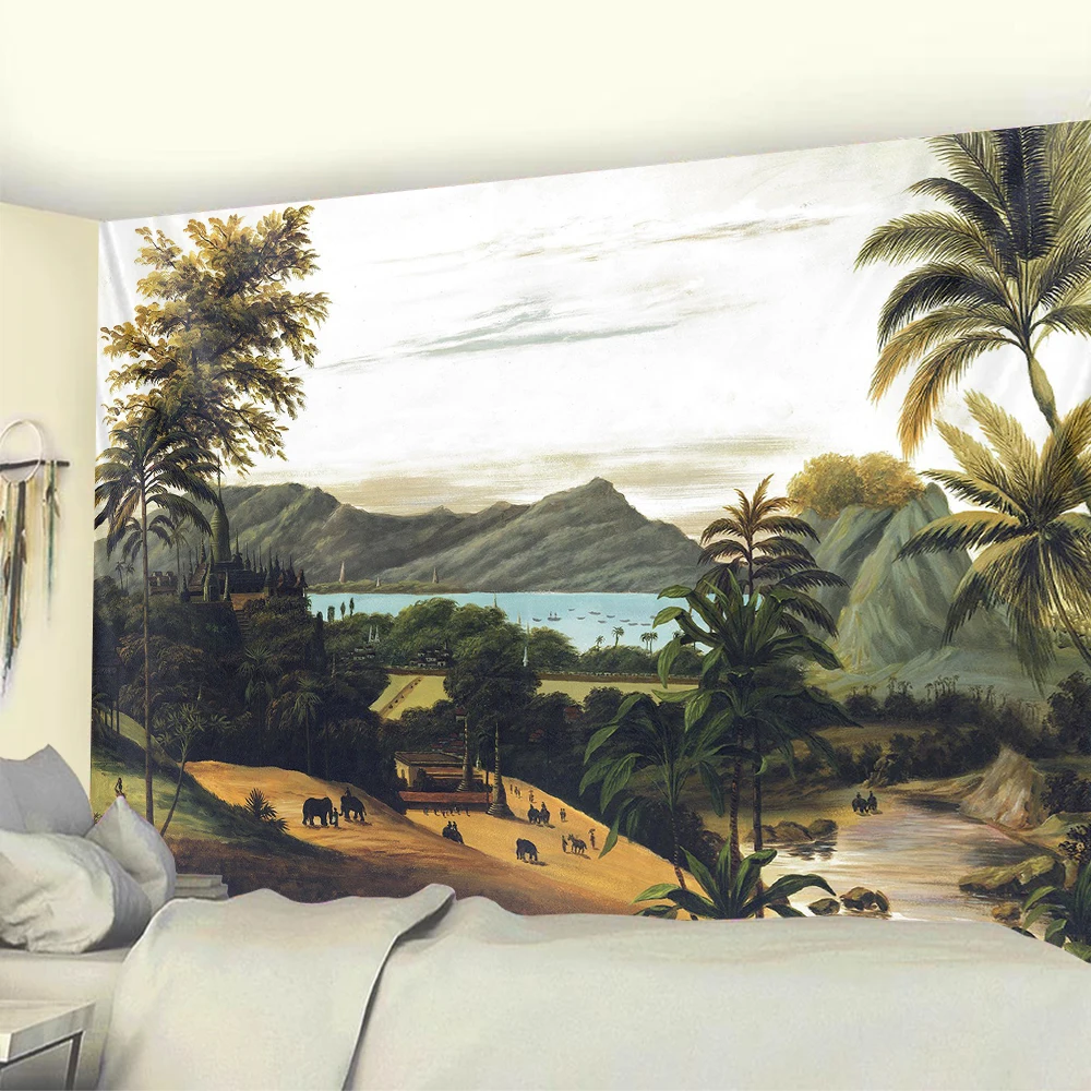 Тропический растительный гобелен настенный пальмовых листьев с цветочным