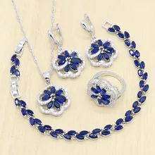 Синий Кристалл 925 Серебряные Ювелирные наборы для женщин в форме цветка серьги подвеска ожерелье кольца браслет подарок для свадьбы дня рождения