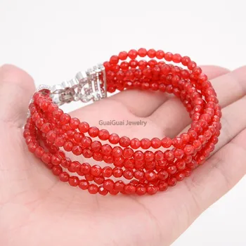 

GG Jewelry 8'' 7 Rows Red Jade Gems Stone Bracelet Cz Clasp