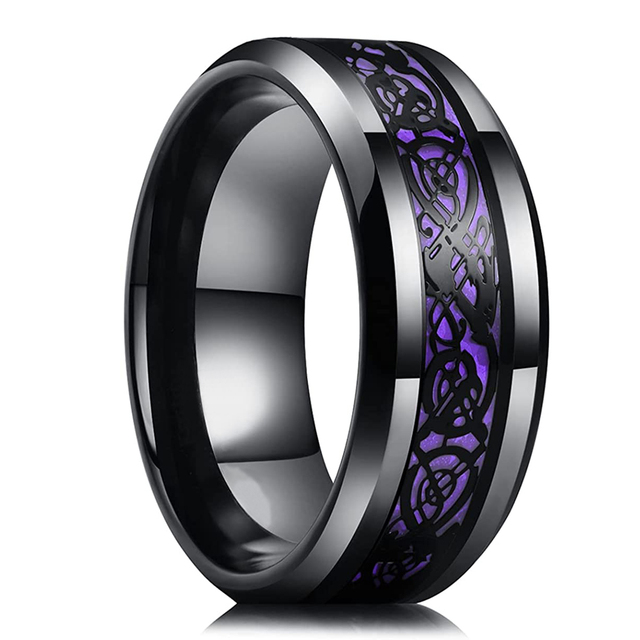 Gold Color Tungsten Wedding Band for Men Dragon Ring Green Blue Carbon Fiber Inlay Polish Finish Beveled Edges Comfort Fit