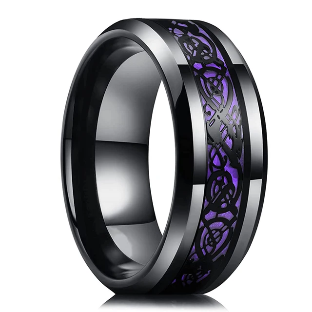FDLK   8 Colors 8mm Men's Stainless Steel Dragon Ring Inlay Red Green Black Carbon Fiber Ring Wedding Band Jewelry Size 6-13 Purple