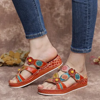 

Comfortable Pu Leather Sandals Flowers Pattern Splicing Stitching Floral Sandals Retro Shoes Women 2020