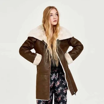 

New Autumn Winter Fluff Stitching Coat for Women Medium Long section Keep Warm Turn-Down Collar Elegant Winter Coat Wholesale