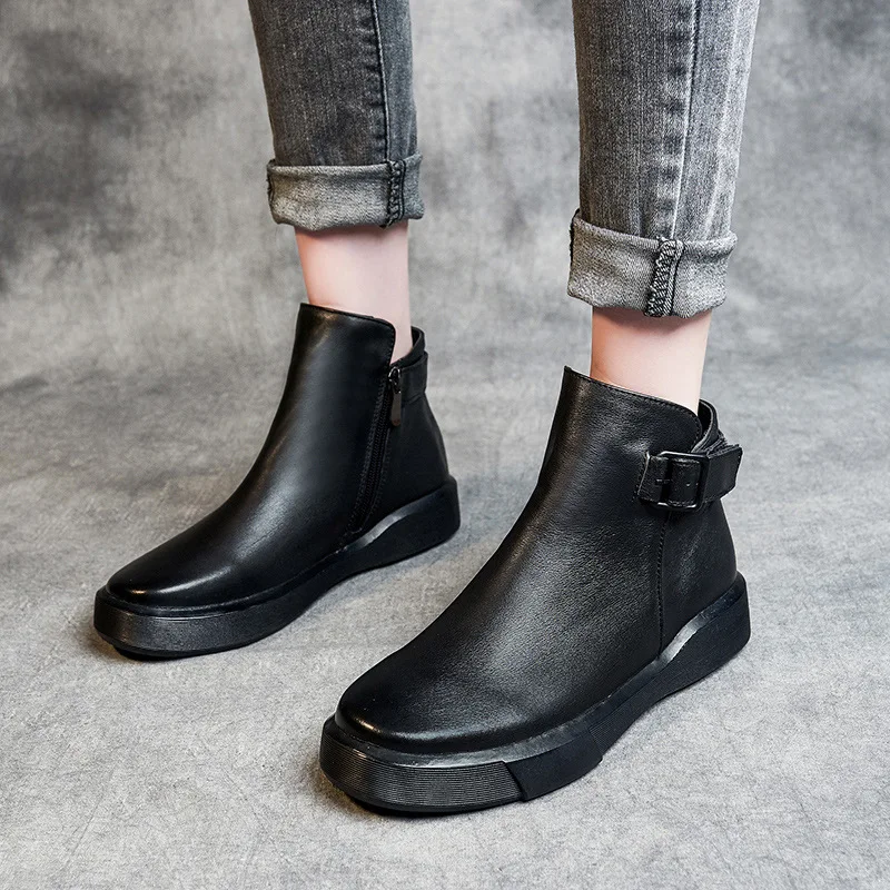 GKTINOO Winter Boots Women Genuine Leather Ankle Boots Plush Inside Handmade Soft Flat Shoes Retro Women's Shoes Boots