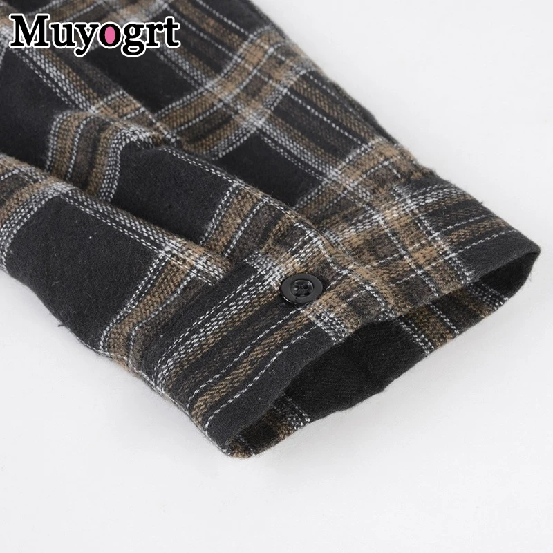 Muyogrt Women Shirt Plaid Oversized Brown Top Turn-down Collar Leisure Fashion Loose All-match Long Sleeves Soft Chic Korean Top