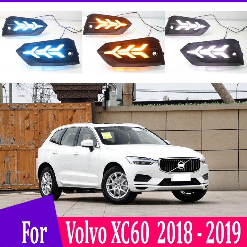 2 шт. для Volvo XC60 светодиодный дневные ходовые огни DRL с отверстием для противотуманной фары желтый указатель поворота синий ночной Светильник