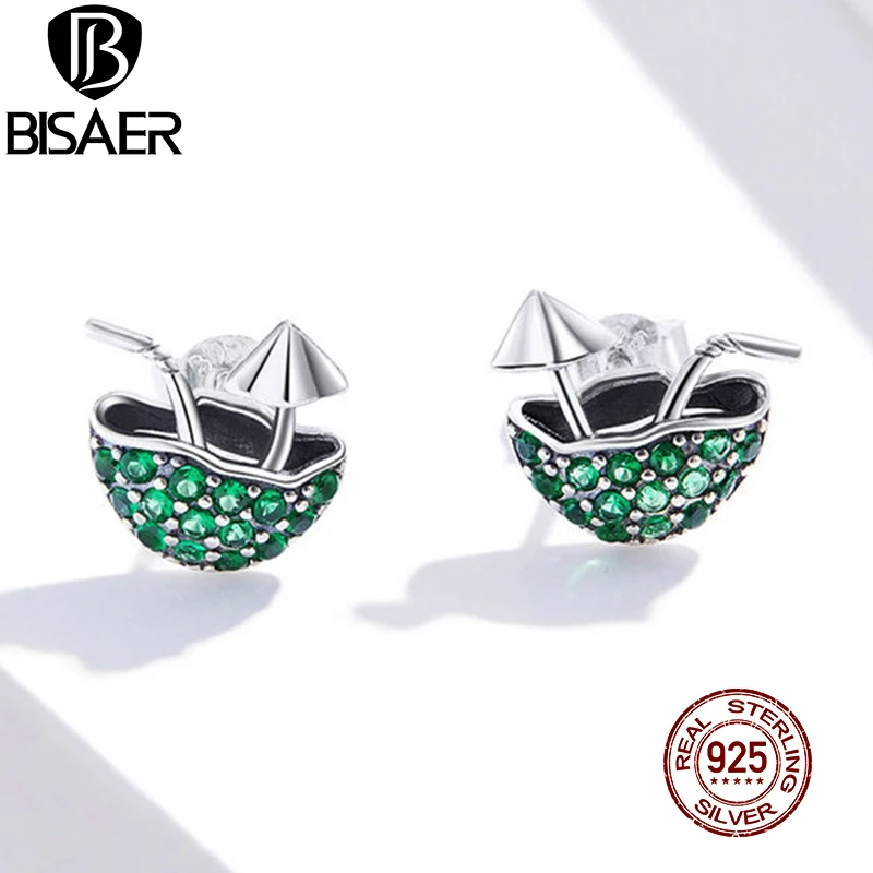 BISAER Стад Серьги 925 пробы серебряные кокосовые зелёный циркон серьги CZ для Для