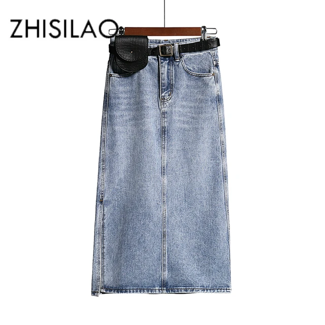 US $17.43 Long Denim Skirt Women Vintage High Wasit Jeans Skirt with Belt Plus Size Straight A-line Pencil Sk