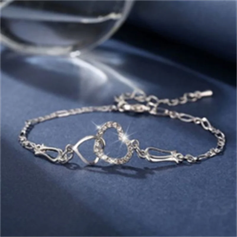 New Fashion Gold And Silver Diamond Double Love Pendant Necklace Earrings Bracelet Sweet And Romantic Ladies Wedding Jewelry Set