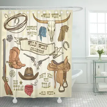 

Western Wild West Collection Cowboy Stuff Texas Rodeo Longhorn Waterproof Polyester Fabric Shower Curtain 72 x 78 inches Set