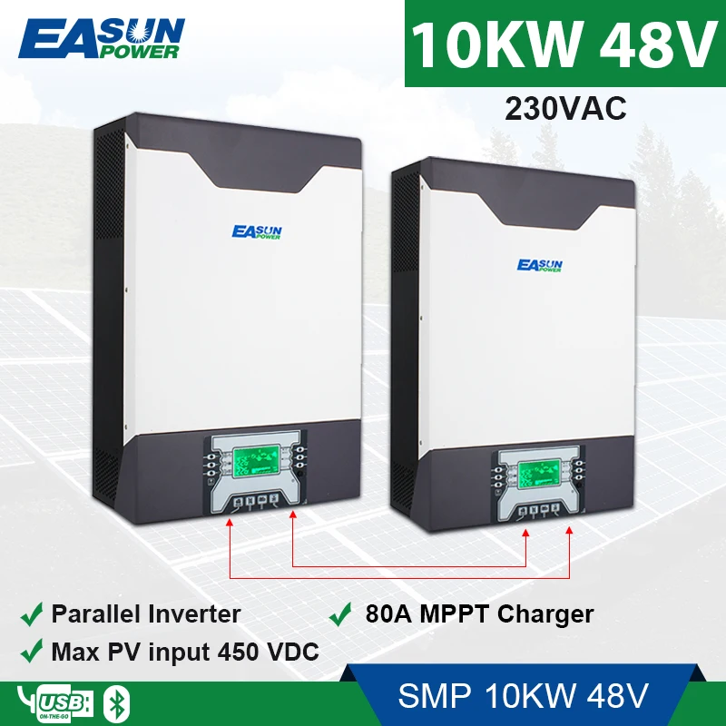 

EASUN POWER Hybrid Solar Inverter 10KW 80A MPPT Charger PV Input 500VDC 10000W 48V 230VAC Pure Sine Wave 1&3 Phasen Inverter