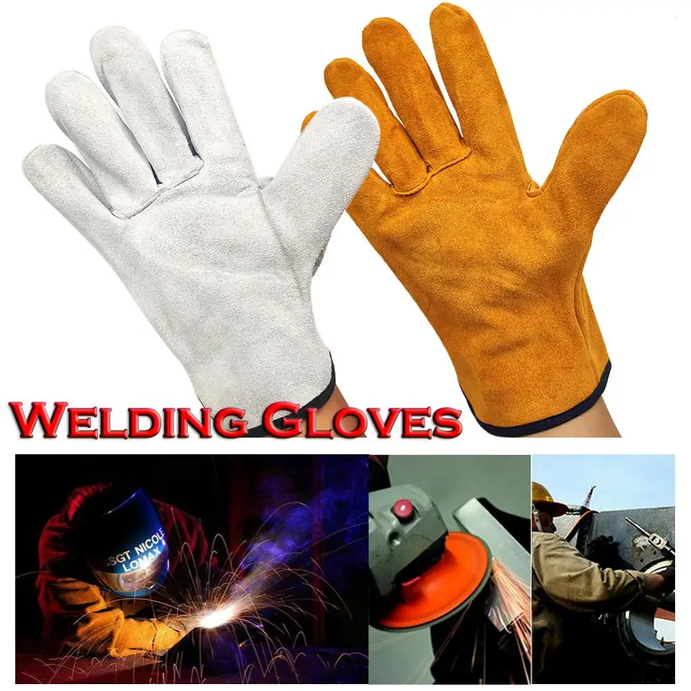 

Top Grain Leather Non-slip Heat Insulation Gloves Fleece Lining Seamless Forefinger Welder's Glove Labor Protect Welding Mittens