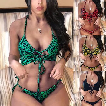

2020 Swimsuit Women's Seperated Swimwear Sexy Leopard Lace-up Bikini Long Leg Beach Swimsuit Thong Bikini