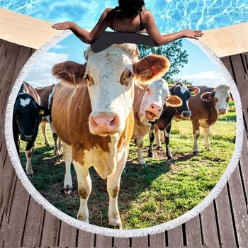 

150CM Big Round Beach Towel With Tassels 3D Creative Cow Horse Printed Shower Bath Towels Creative Beach Blanket Swimming Cover