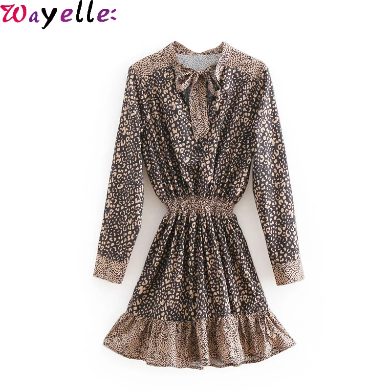 

Vintage Chic Leopard Print Party Mini Dress Women 2019 Fashion Bow Tie Neck Elastic High Waist Ladies Dress Casual Vestido Mujer