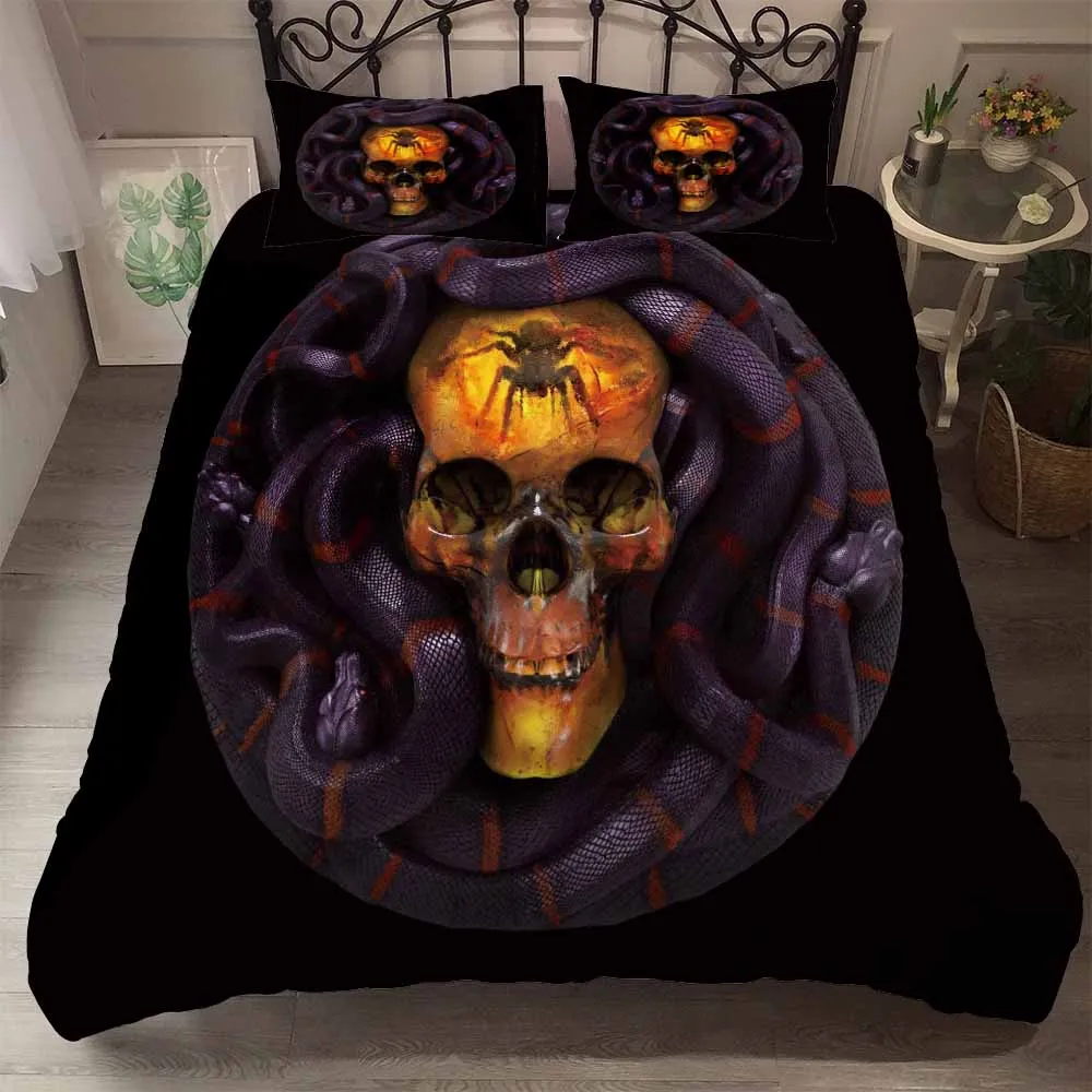 BEST.WENSD-Southeast Asia Bedding Set Skull Duvet With Pillowcases Horror Snake Soft EU King 240x220cm Bed Black | Дом и сад