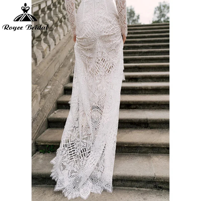 Charmante Meerjungfrau-Strandhochzeitskleider Boho V-Ausschnitt Spitze Langarm rückenfrei Braut Sweep Zug Vestido De Noiva Maßgeschneidert 2025 – Detail 8