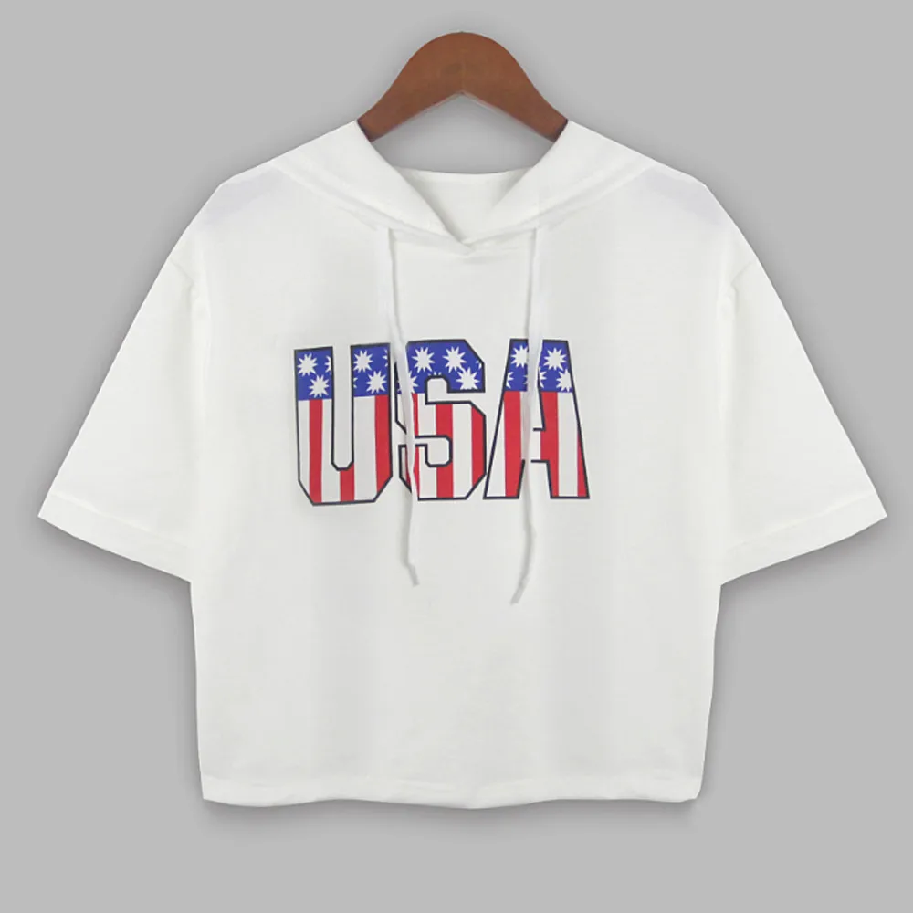 American Flag Women tShirt Short Sleeve Hooded Shirt Women Clothes Crop Tops Summer Tshirt Independence Day Camiseta Mujer