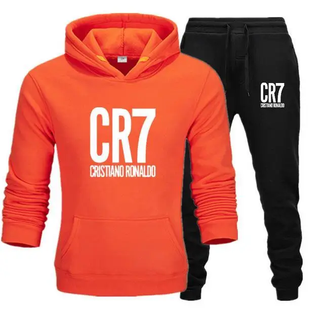 orange black Мужской спортивный костюм, зимняя флисовая куртка с капюшоном и CR7 принтом+ штаны, толстовка, мужской комплект из 2 предметов, толстовка, спортивный костюм - Цвет: orange black
