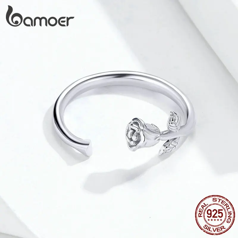 Bamoer Шипы и розы Открытый регулируемый палец кольца для женщин 3D цветок кольцо группа 925 пробы серебряные ювелирные изделия корейский BSR065