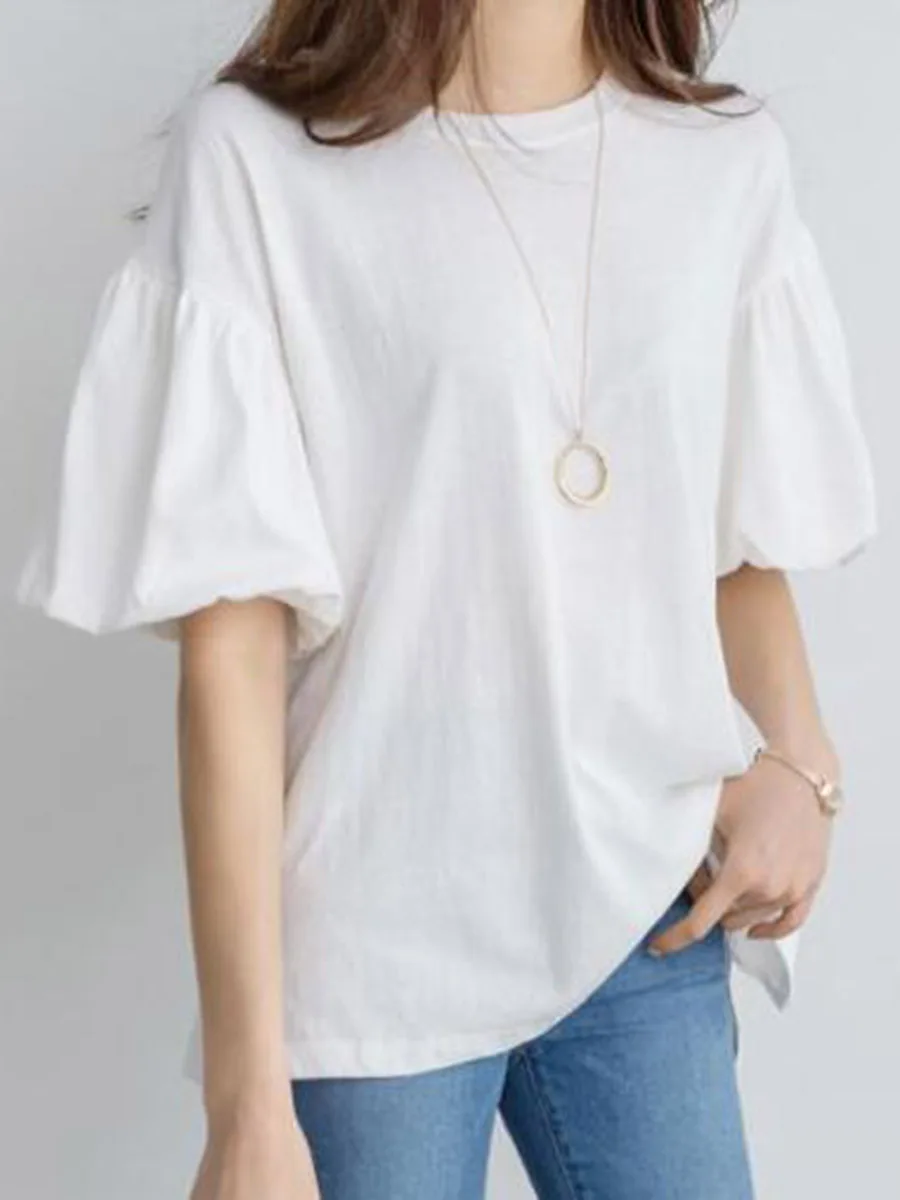 

Korea Japanese White T-shirt 2020 Summer Fashion Lantern Short-Seeved Women T-shirt Ladies Casual Simple Top