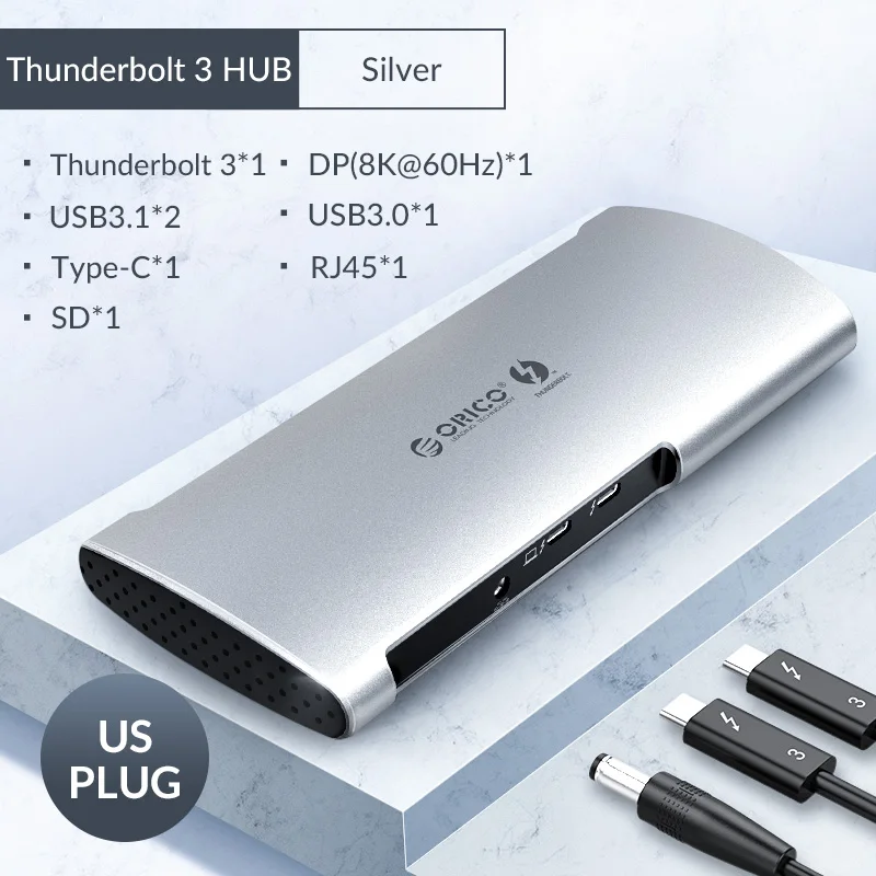 ORICO 40 Гбит/с настоящий Thunderbolt 3 док-концентратор USB Type C до 8 к DP HDMI USB3.0 RJ45 SD4.0 60 Вт зарядный адаптер для Macbook Pro huawei - Цвет: US Plug Silver