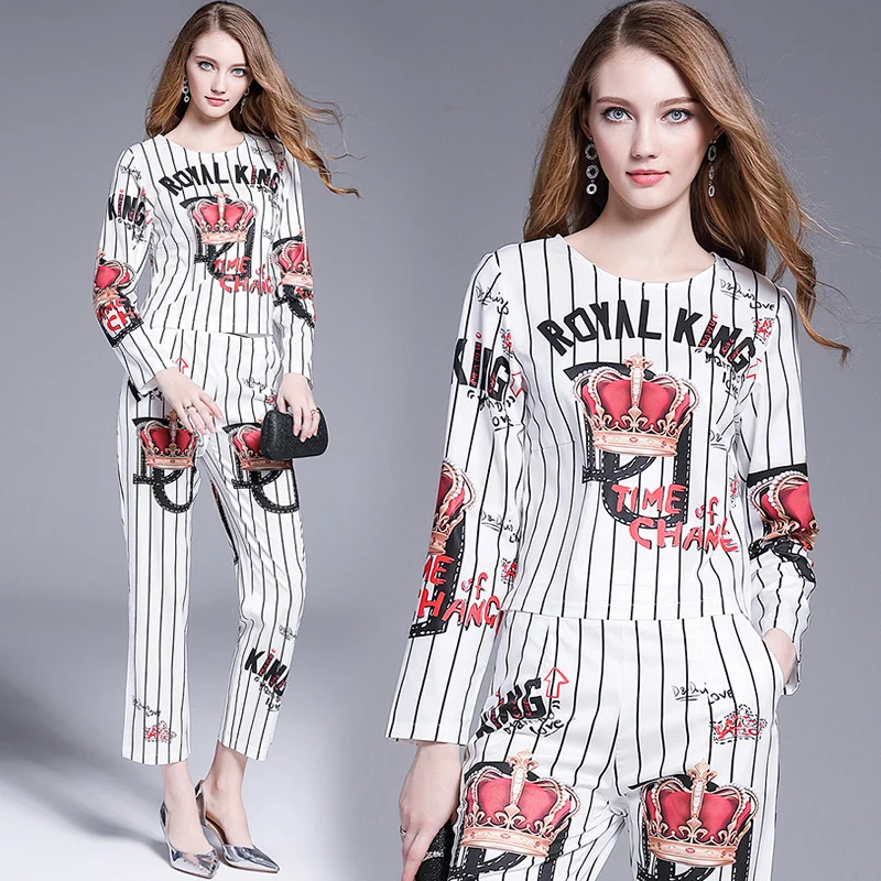 

2019 Spring Summer Fall Runway 2 Piece Womens Sets Retro Vintage Striped Print Crew Neck Long Sleeve Top Shirt Pant Suits Outfit