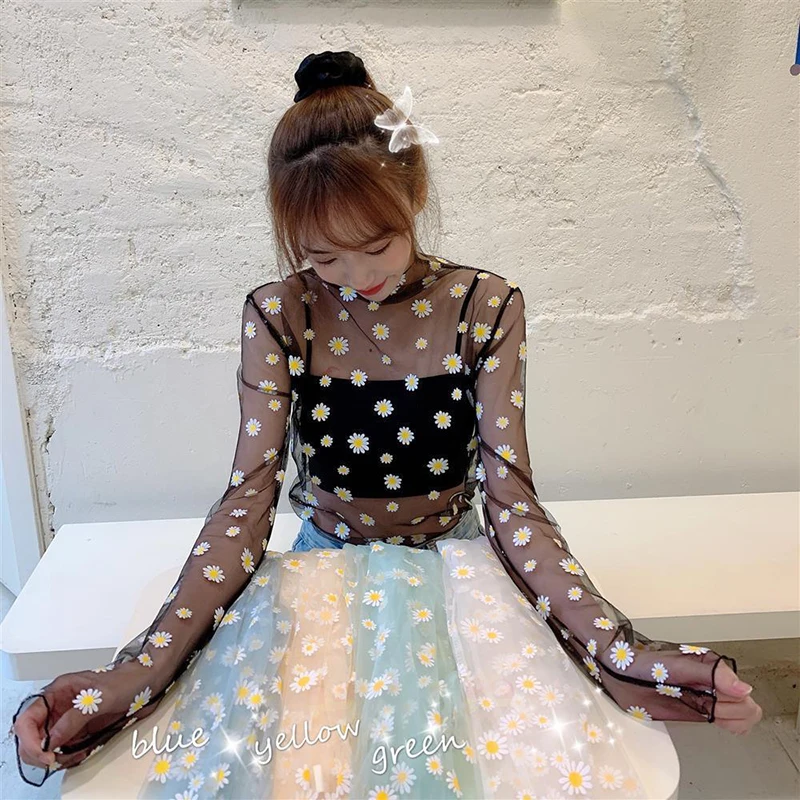 See Through Small chrysanthemum Mesh Gauze Tops Long Sleeve Transparent Sun Protection Ladies Turtleneck summer T-Shirt Top