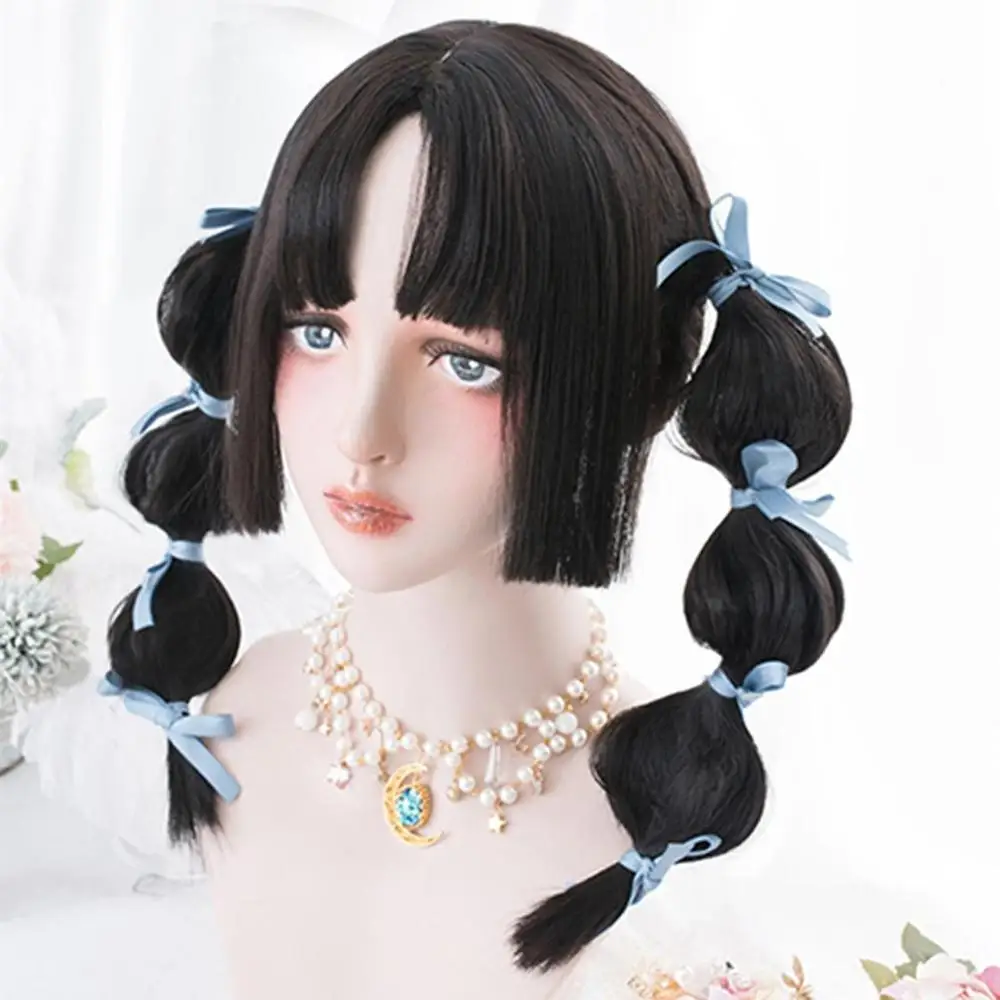 

Cosplaysalon H762465 Lolita 50CM Long Straight Black Layered Japan Bangs Fringe Cute Party Synthetic Hair Cosplay Wig
