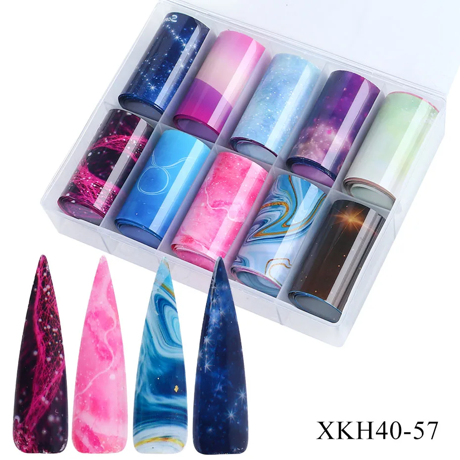 XKH40-57 10 рулонов градиент звездное небо бумага клей для ногтей Фольга Набор ползунков дизайн ногтей Полировка Полный Обертывания украшения BEXKH40-57/58 - Цвет: XKH40-57