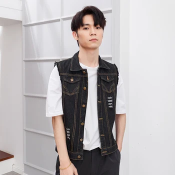 

New Fashion Men Denim Vest Sleeveless Jacket Frayed Design Black Cowboy Male Waistcoat Europe and America Trend Vests 6XL